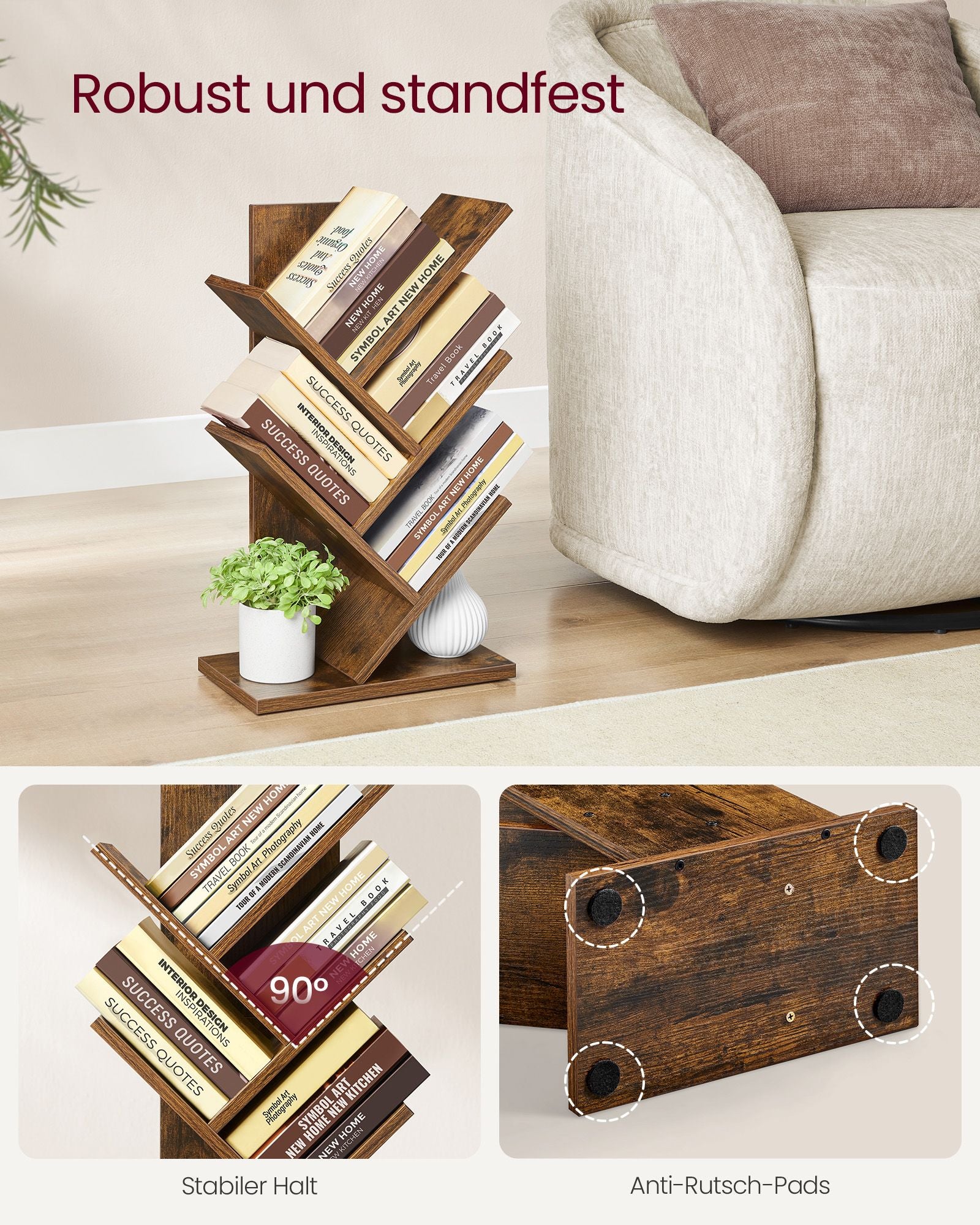 Boekenkast – boomvorm – ruimtebesparend – vintage bruin