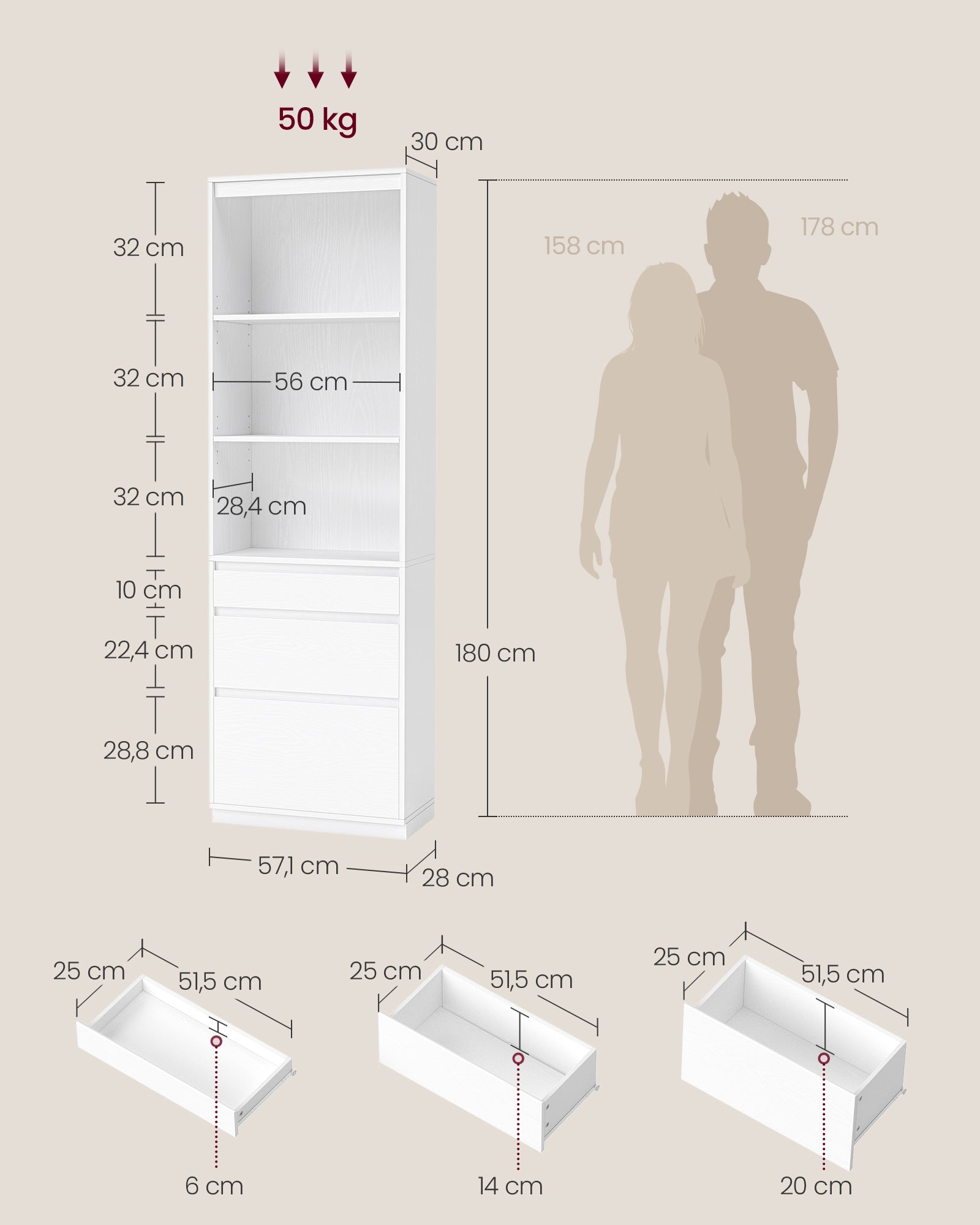 Boekenkast met 3 lades – 30 x 57,1 x 180 cm – Spaanplaat