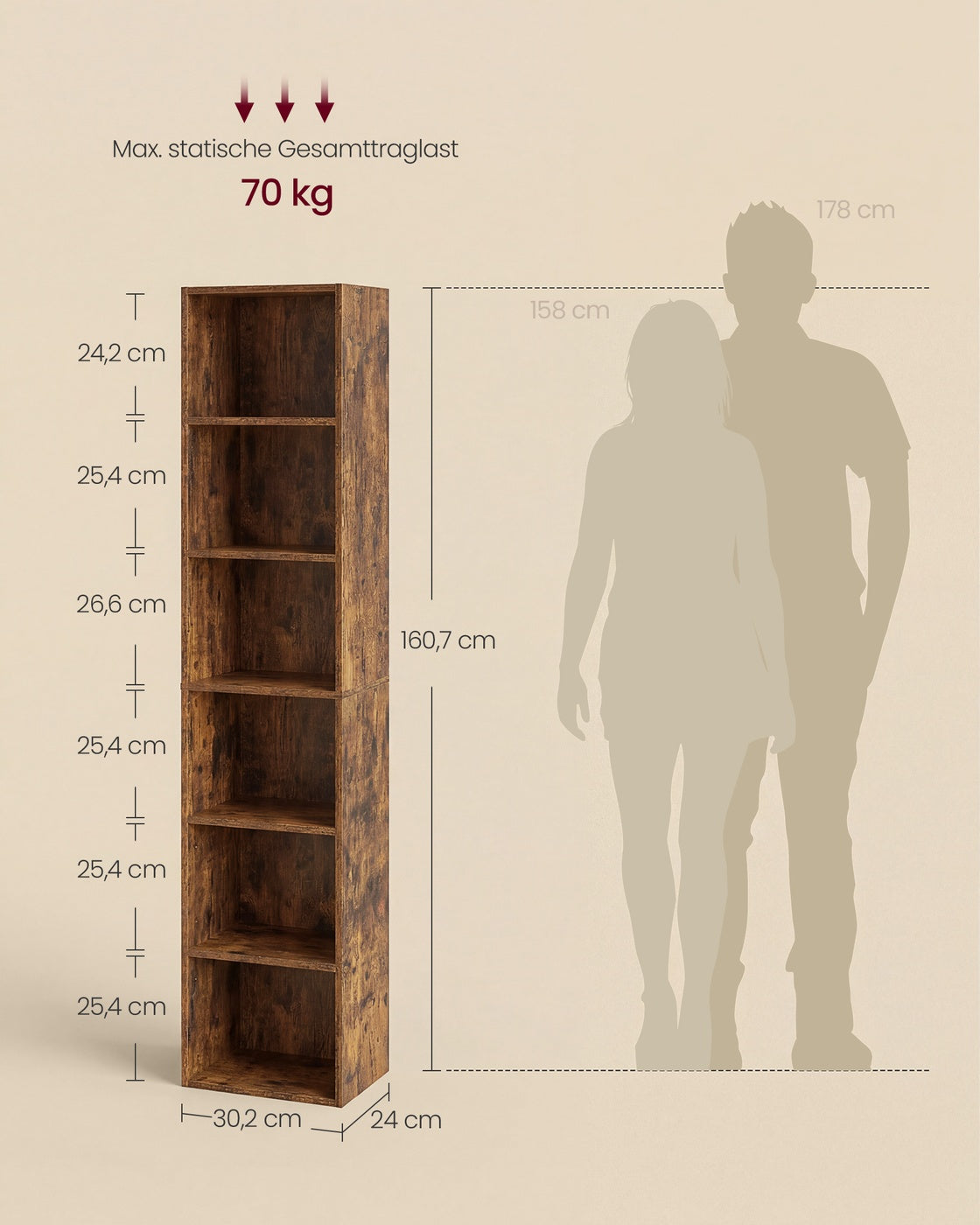 Boekenkast - 6 Planken - Smal - Verstelbare Planken - Vintage Bruin