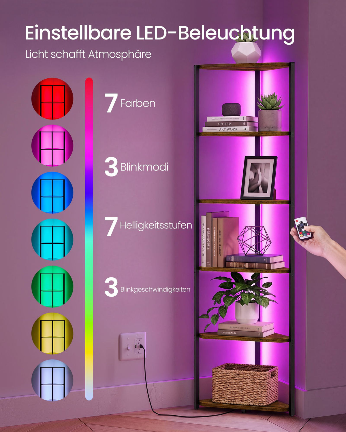 Hoekkast - Met LED-verlichting en 6 Ebenen - Vintagebruin - 24,8 x 48 x 182,1 cm