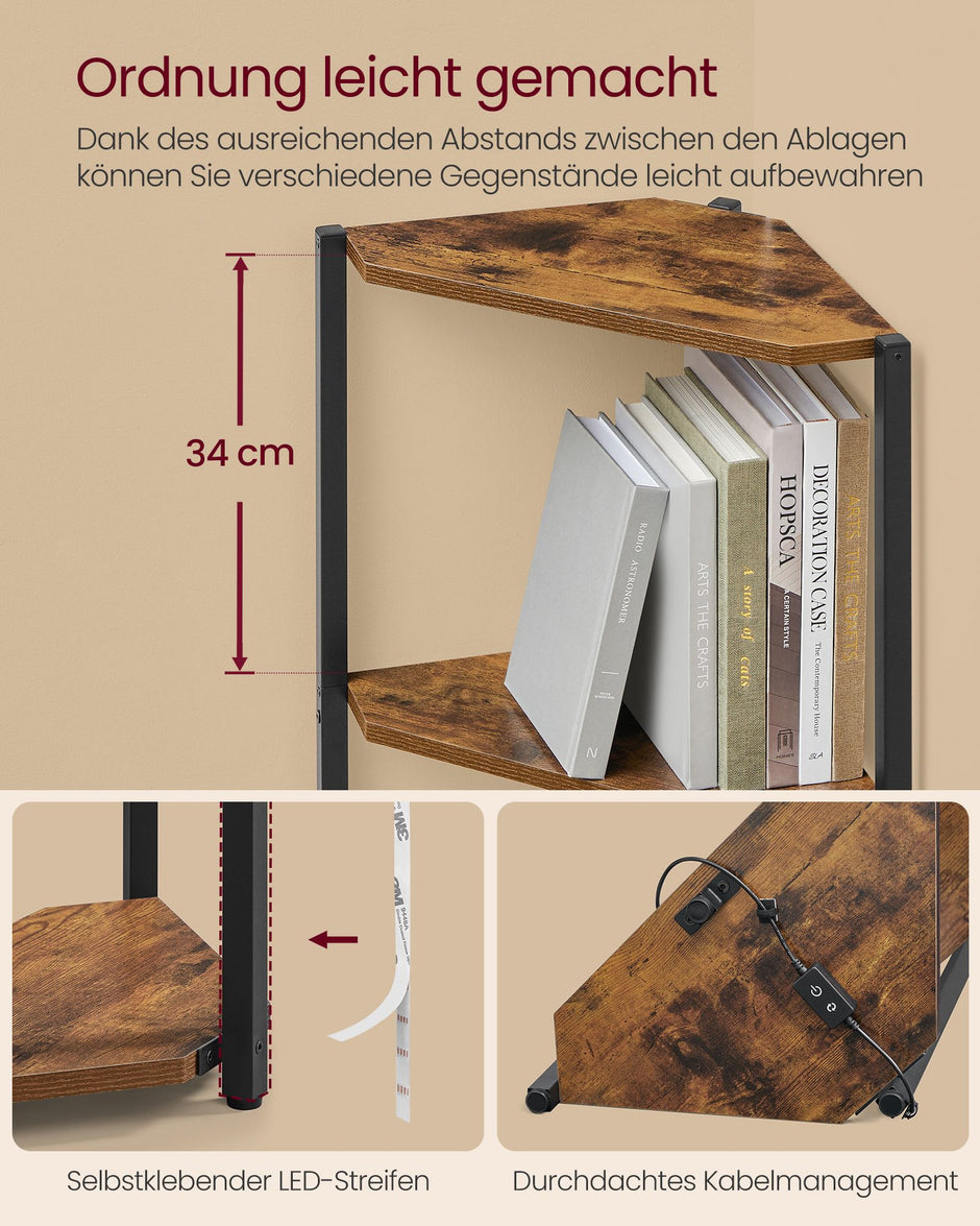 Hoekkast - Met LED-verlichting en 6 Ebenen - Vintagebruin - 24,8 x 48 x 182,1 cm