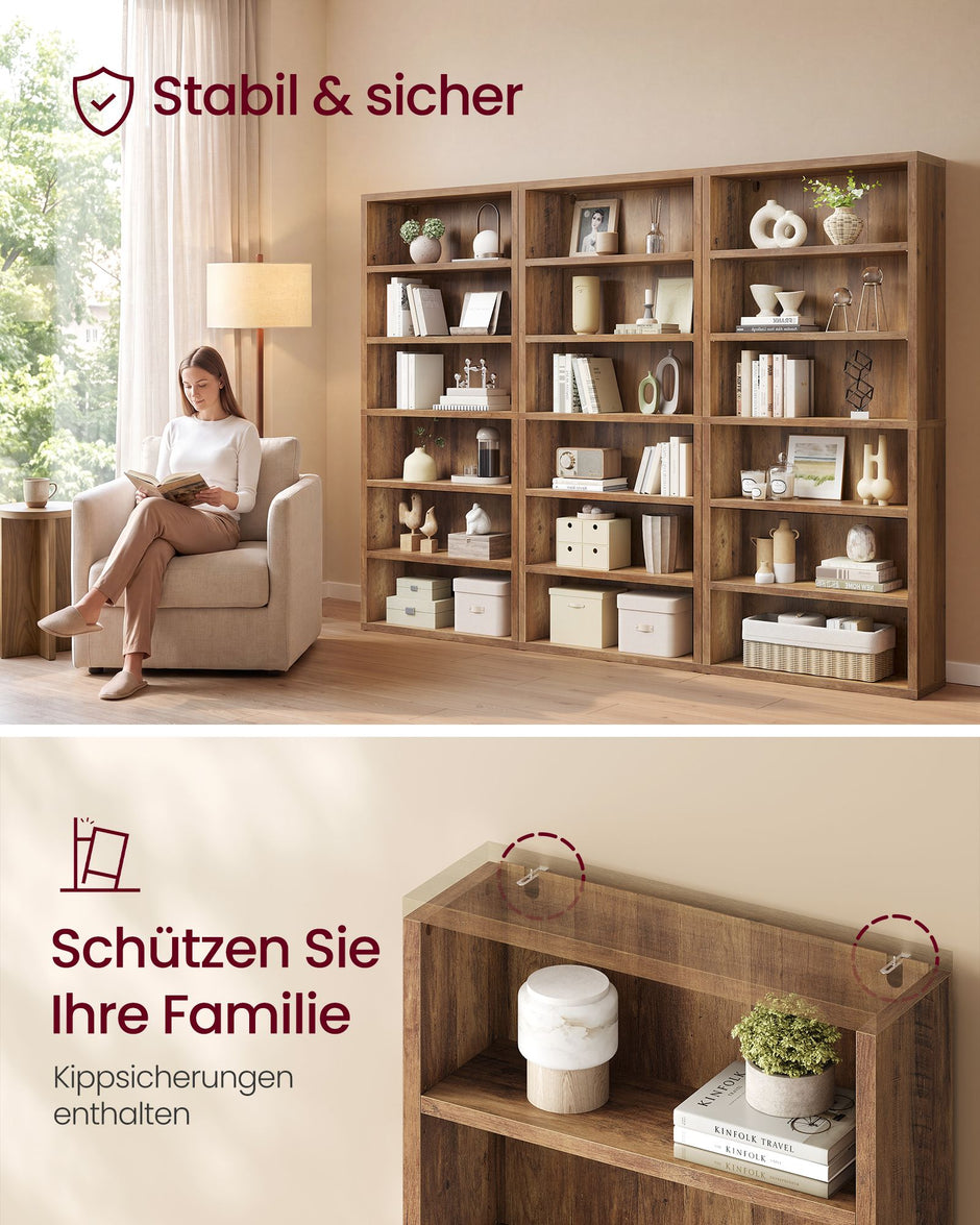 Boekenkast – 6 Niveaus – Verstelbare Planken – Hout – 168 cm Hoog – Honingbruin