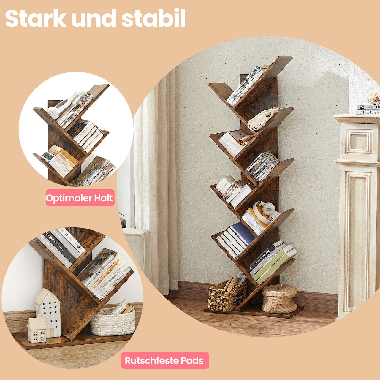 Boekenkast – 9 niveaus in boomvorm, ruimtebesparende hoekplank