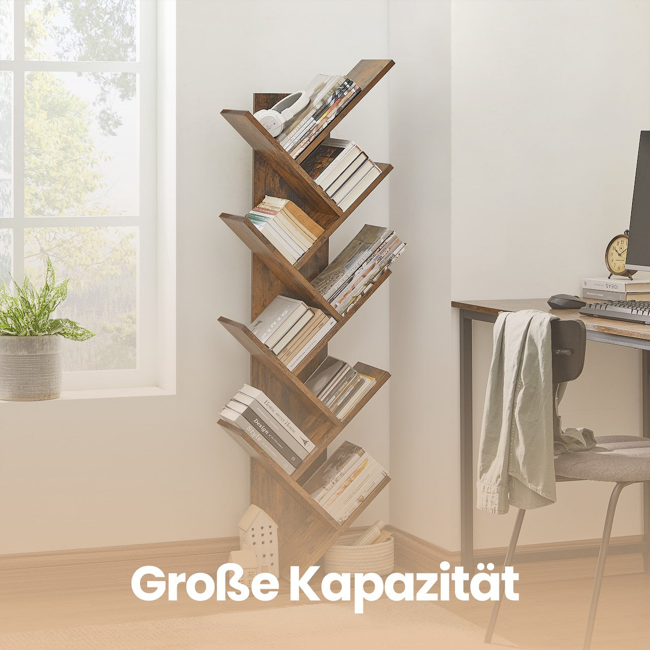 Boekenkast – 9 niveaus in boomvorm, ruimtebesparende hoekplank