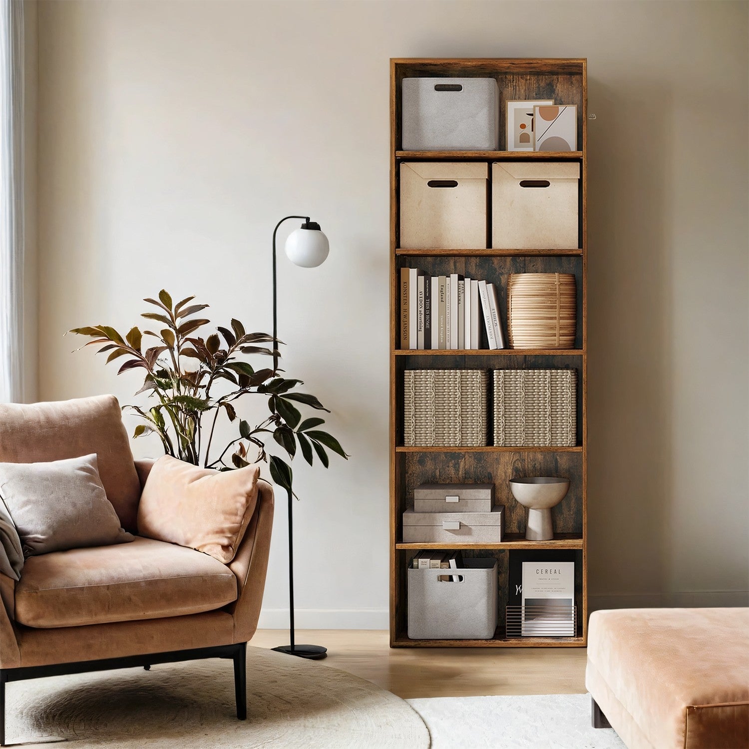 6-laags boekenkast in Scandinavische stijl, staande plank voor woonkamer