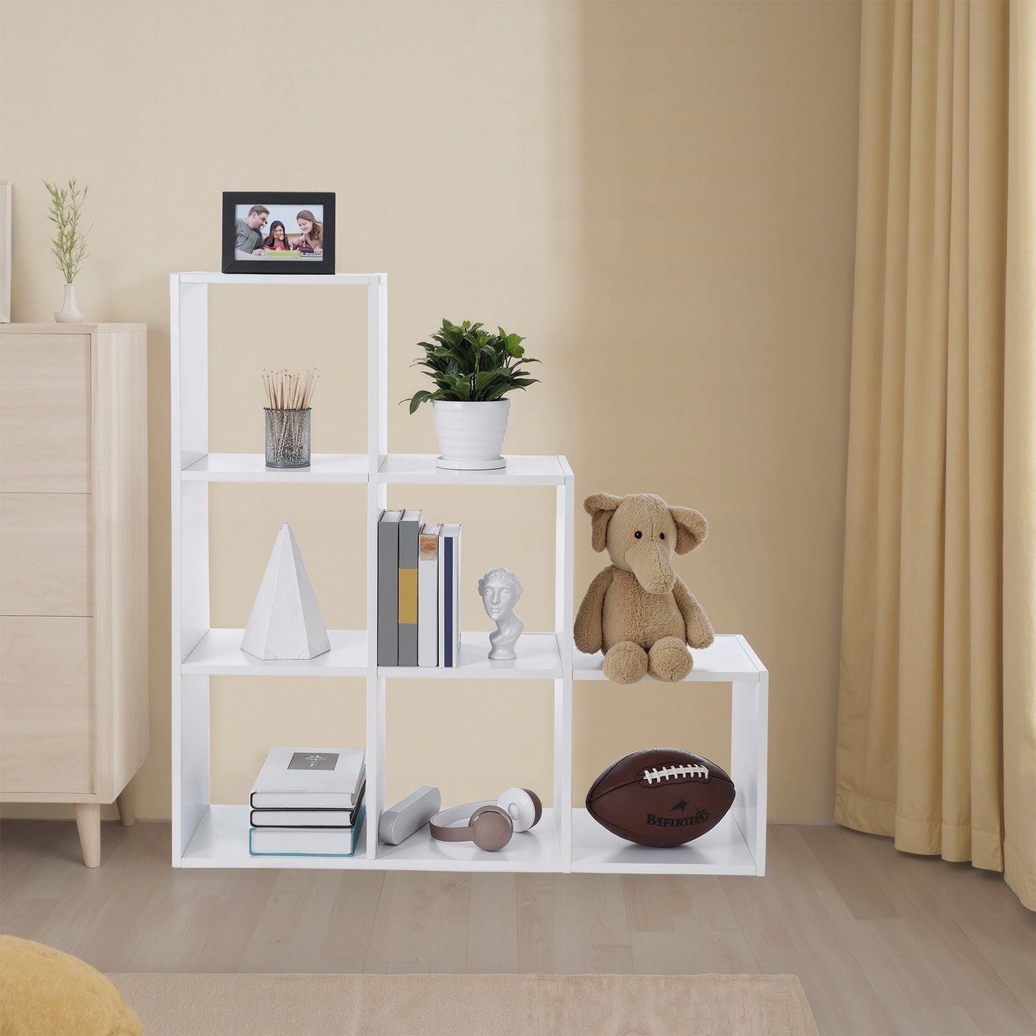 Boekenkast met 6 vakken, open plank, opstapplank