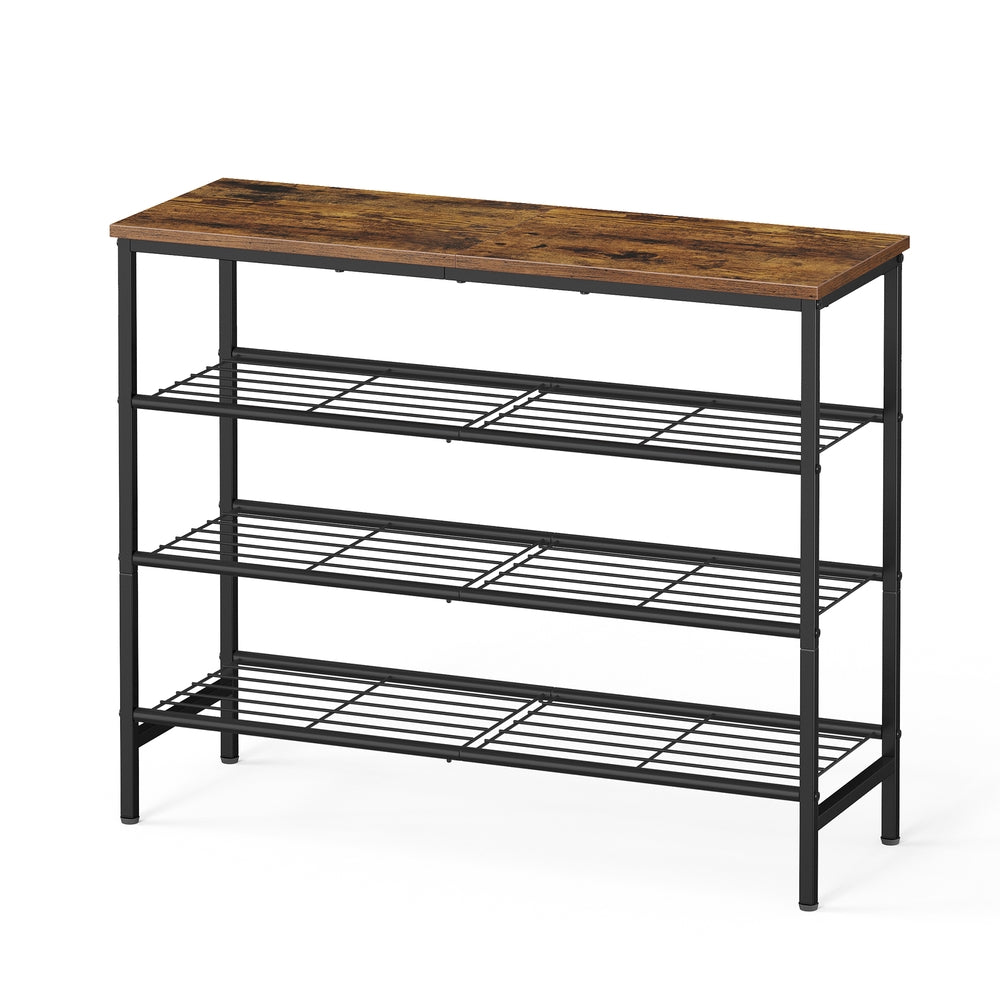 Schoenenbank - 30 x 75 x 69 cm - Metalen frame - 4 lagen - Bruin-zwart - Voor 12-16 paar schoenen - Max. draagkracht bovenpaneel 30 kg - Max. draagkracht per draadplank 11 kg