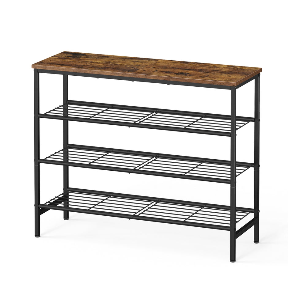 Schoenenbank - 30 x 75 x 69 cm - Metalen frame - 4 lagen - Bruin-zwart - Voor 12-16 paar schoenen - Max. draagkracht bovenpaneel 30 kg - Max. draagkracht per draadplank 11 kg