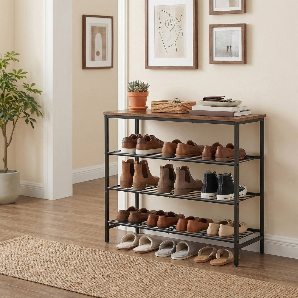 Schoenenbank - 30 x 75 x 69 cm - Metalen frame - 4 lagen - Bruin-zwart - Voor 12-16 paar schoenen - Max. draagkracht bovenpaneel 30 kg - Max. draagkracht per draadplank 11 kg