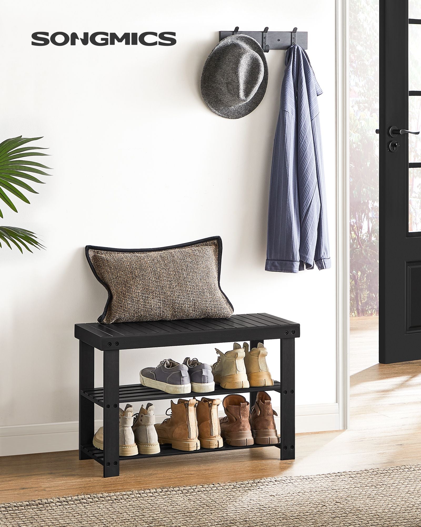 Schoenenbank - Bamboe - 3 Planken - 70 cm - Zwart