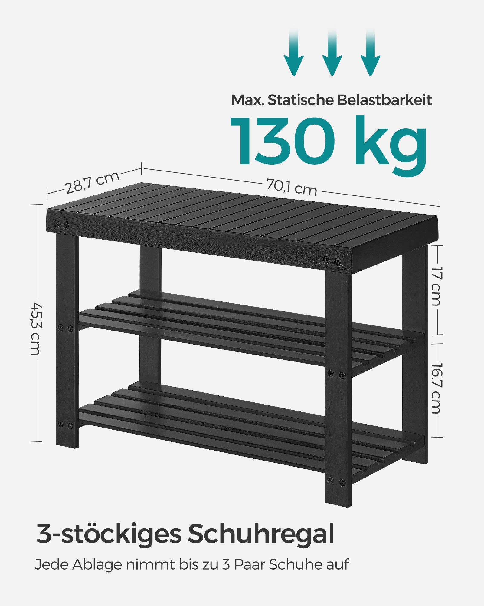 Schoenenbank - Bamboe - 3 Planken - 70 cm - Zwart