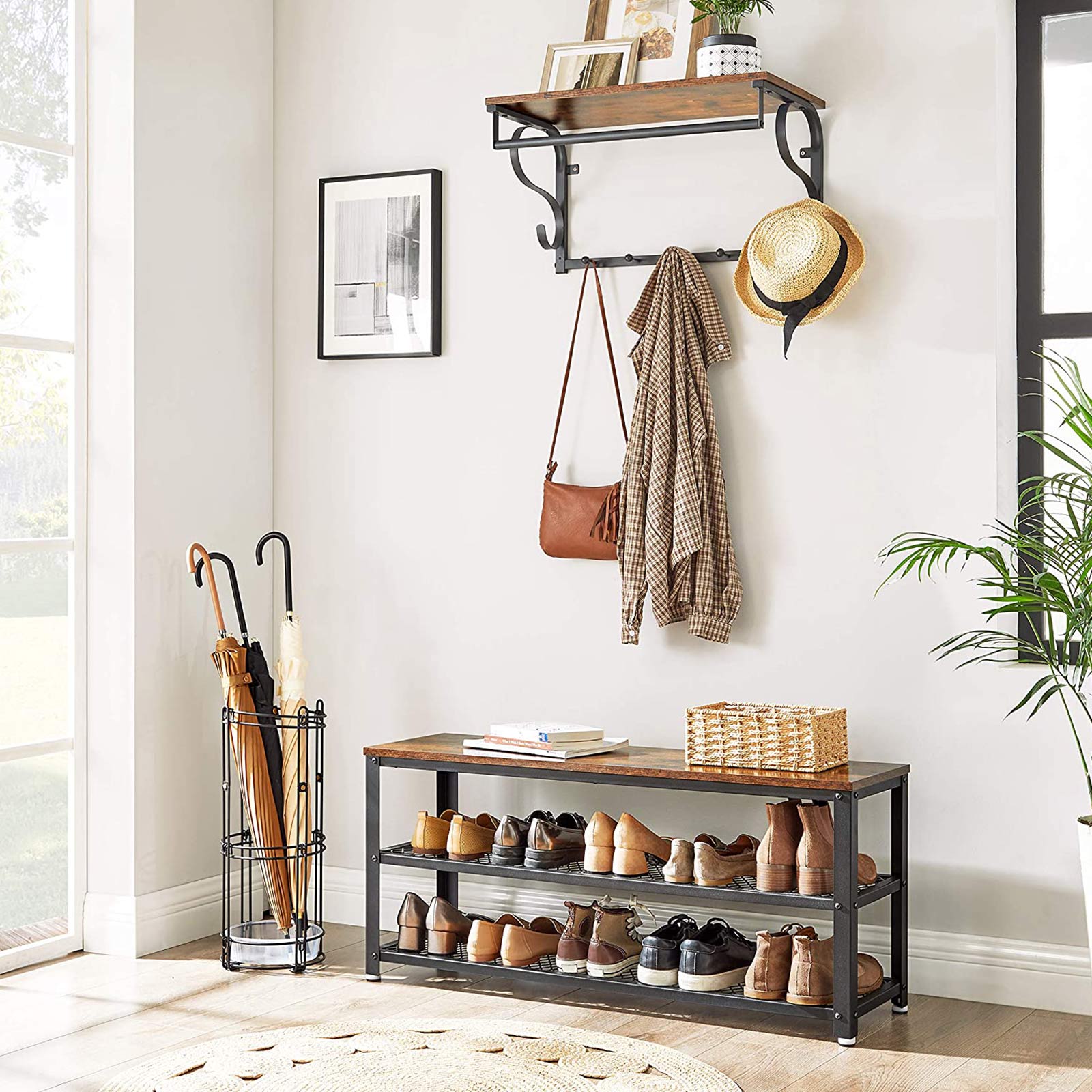 Schoenenrek – 2 Planken – Metalen Frame – Vintage Bruin-Zwart