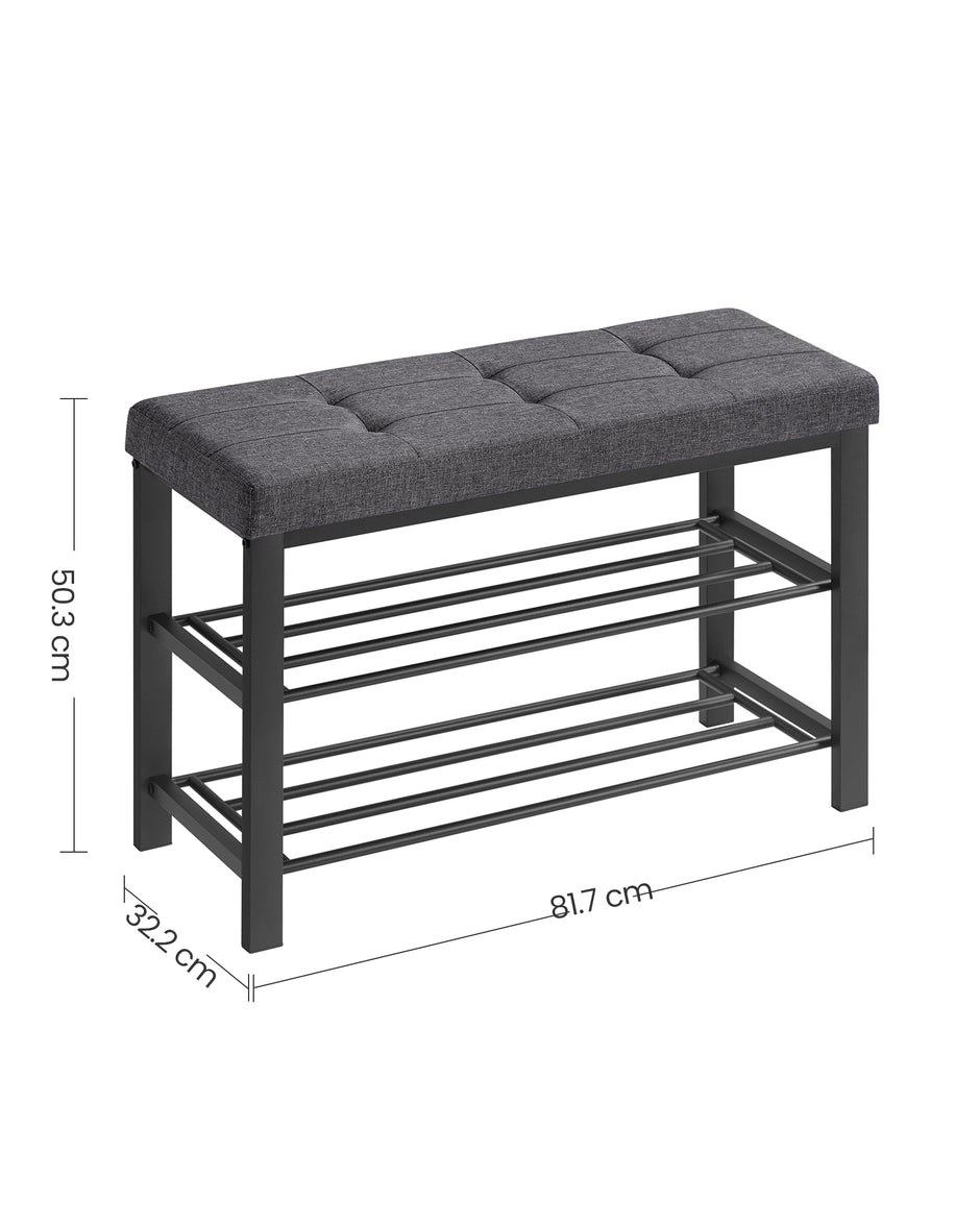 Schoenenbank – 3 Etages – Gevoerde Zitting – Metalen Frame – 80 cm – Leigrijs en Zwart