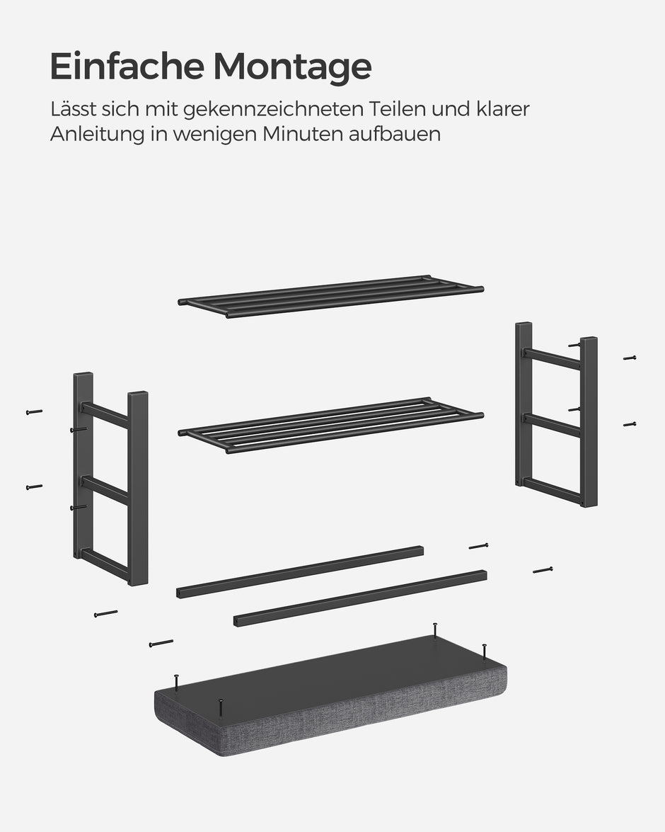 Schoenenbank – 3 Etages – Gevoerde Zitting – Metalen Frame – 80 cm – Leigrijs en Zwart