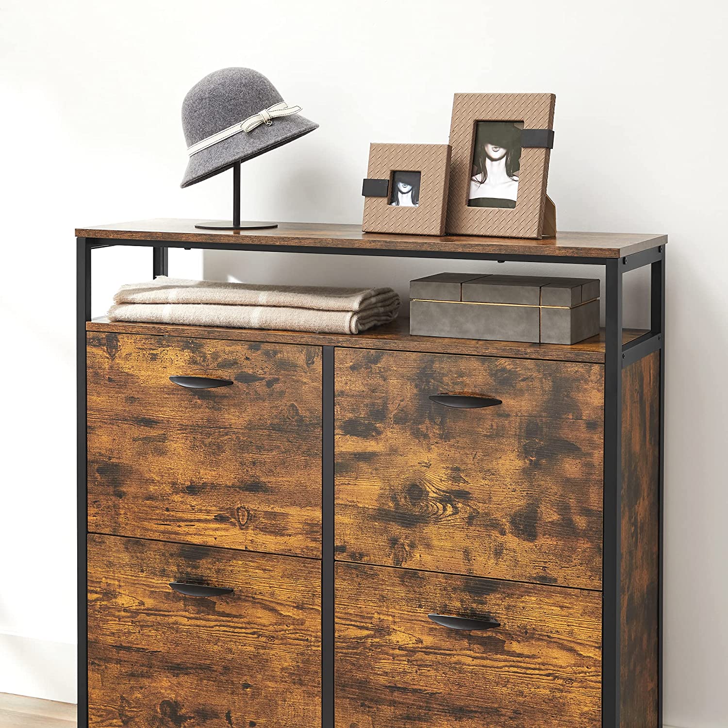 Schoenenkast – 4 kleppen – Industrieel – Bruin / Zwart