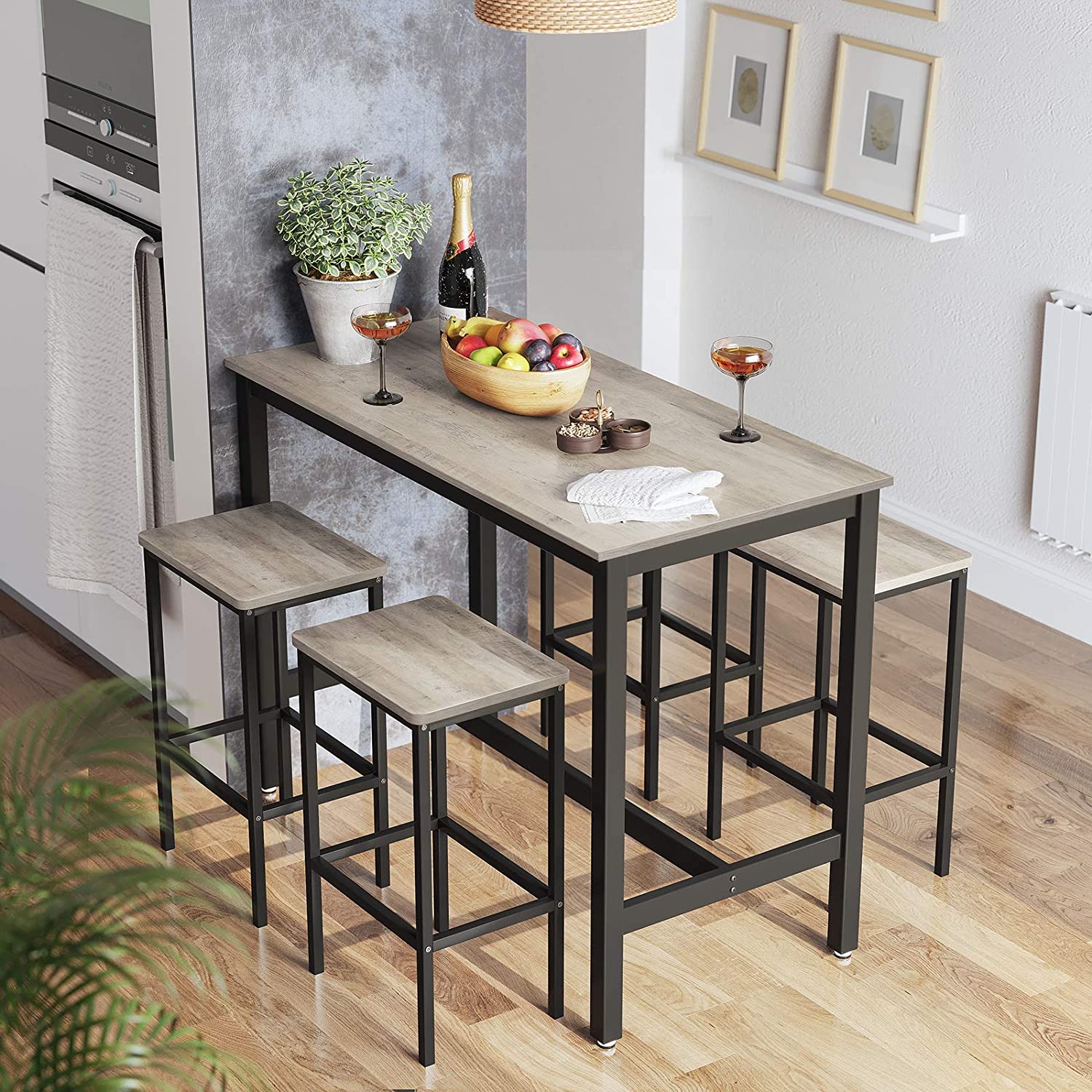 Bartafel - Hoge keukentafel met 2 barkrukken - Metalen frame - Grijs/Zwart