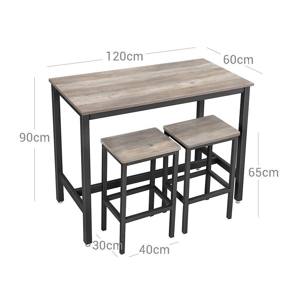 Bartafel - Hoge keukentafel met 2 barkrukken - Metalen frame - Grijs/Zwart