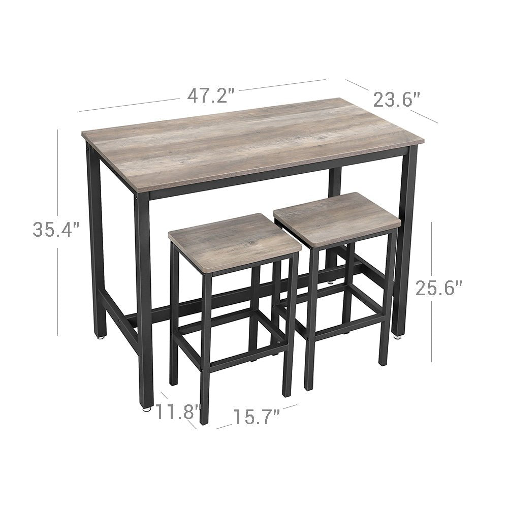 Bartafel - Hoge keukentafel met 2 barkrukken - Metalen frame - Grijs/Zwart
