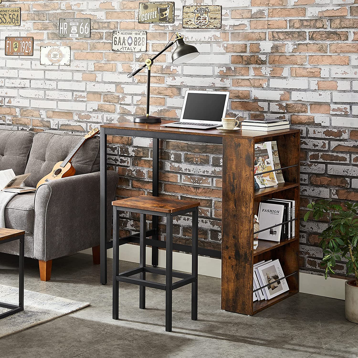 Bartafel - Keukentafel - Eettafel - Met 3 open vakken - 110 x 60 x 100 cm - Bruin