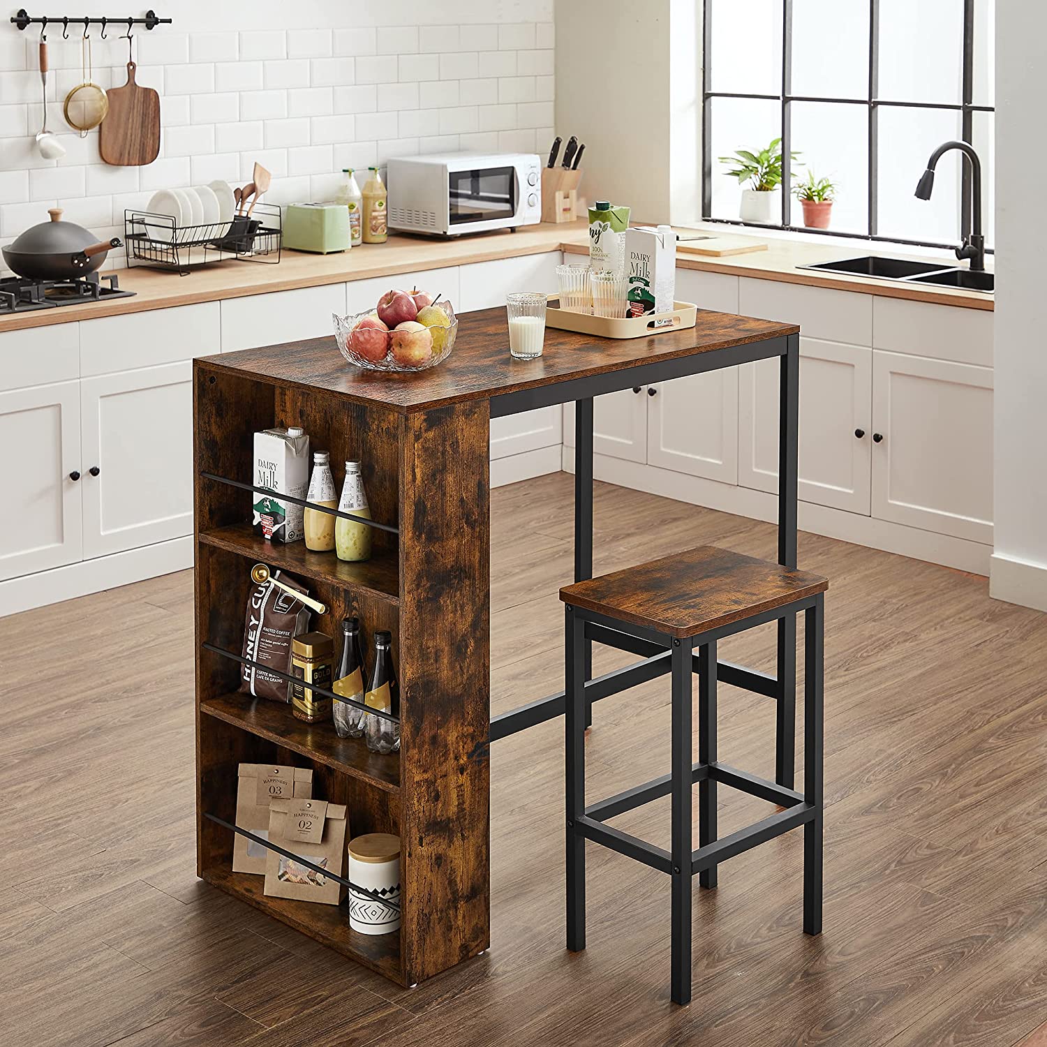 Bartafel - Keukentafel - Eettafel - Met 3 open vakken - 110 x 60 x 100 cm - Bruin