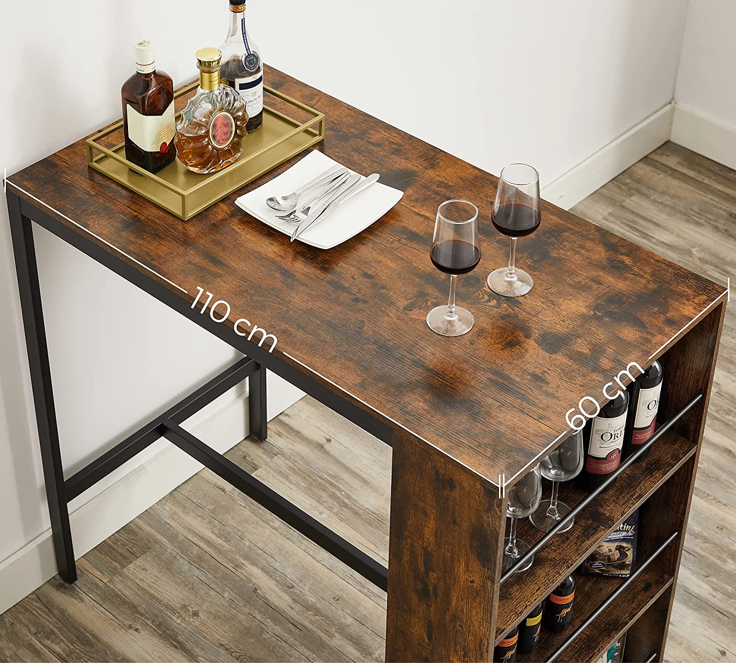 Bartafel - Keukentafel - Eettafel - Met 3 open vakken - 110 x 60 x 100 cm - Bruin