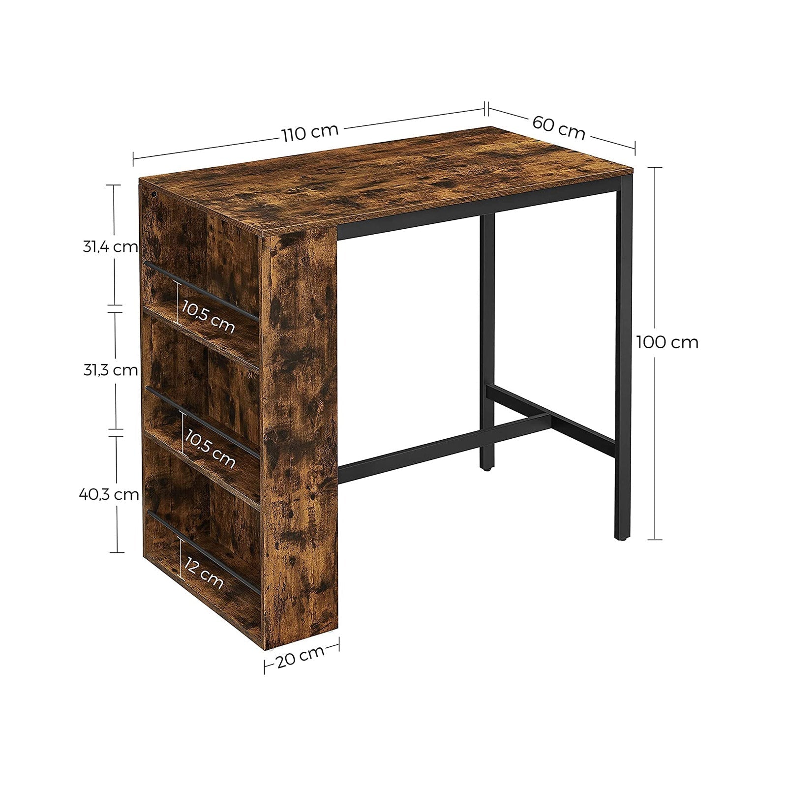 Bartafel - Keukentafel - Eettafel - Met 3 open vakken - 110 x 60 x 100 cm - Bruin