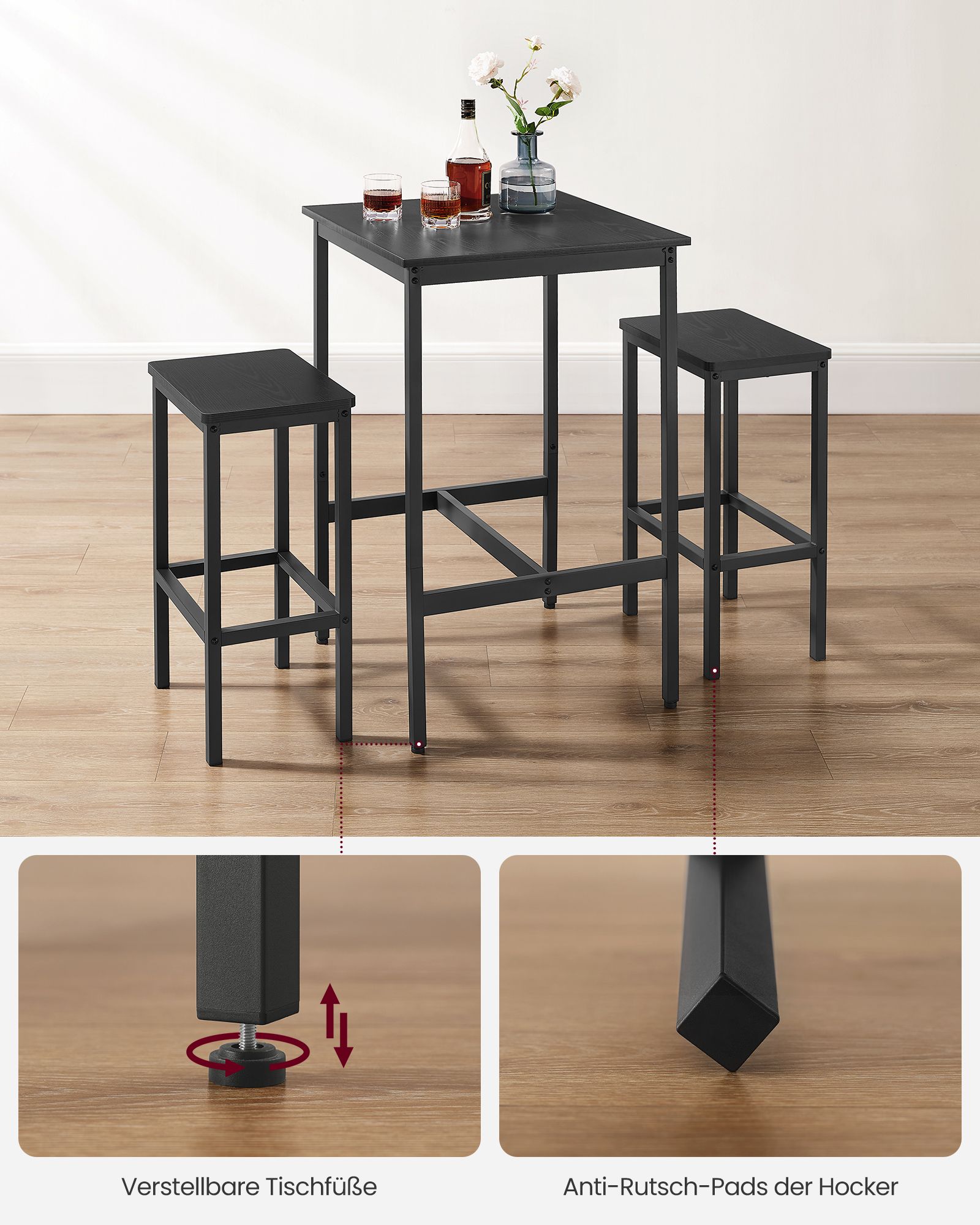 Bartafel met 2 stoelen – keuken – ebbenhout zwart-inktzwart