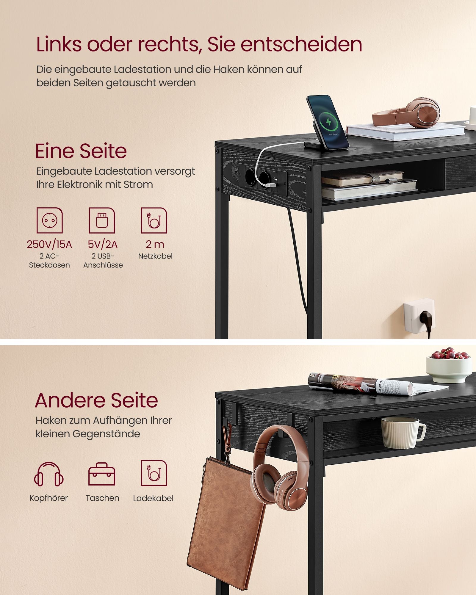 Bartafel Met Laadstation En Lade In Ebbenhout Zwart