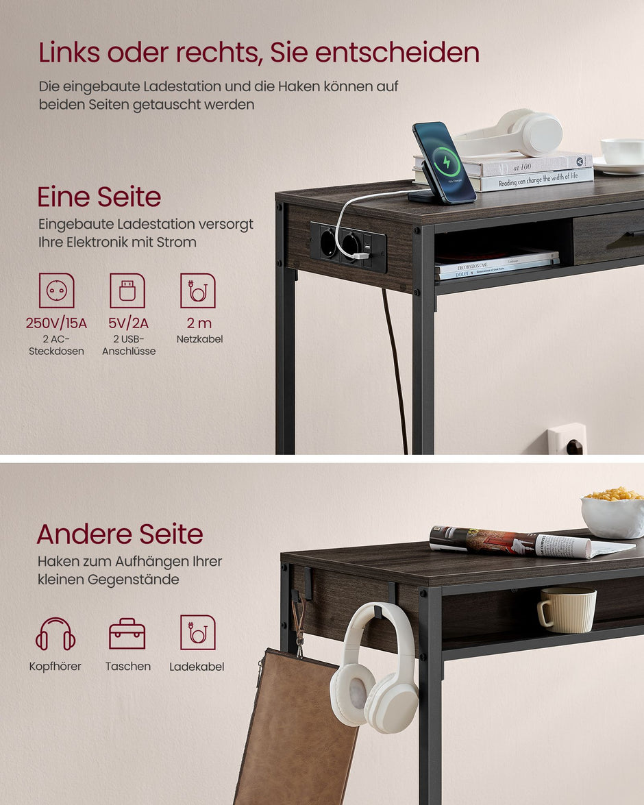 Bijzettafel rechthoekig – Met laadstation – Flexibele lade – Asbruin en staal