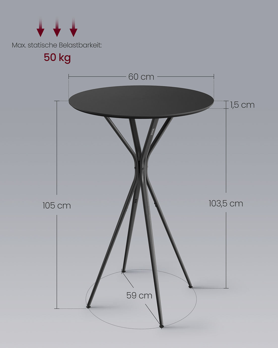 Bartafel met metalen frame 60 x 60 x 105 cm inktzwart-matzwart