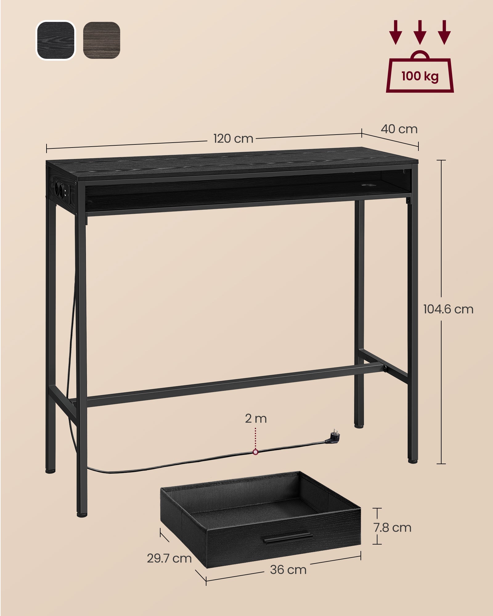 Bartafel Met Lade 40 X 120 X 104,6 Cm Ebbenhout Zwart