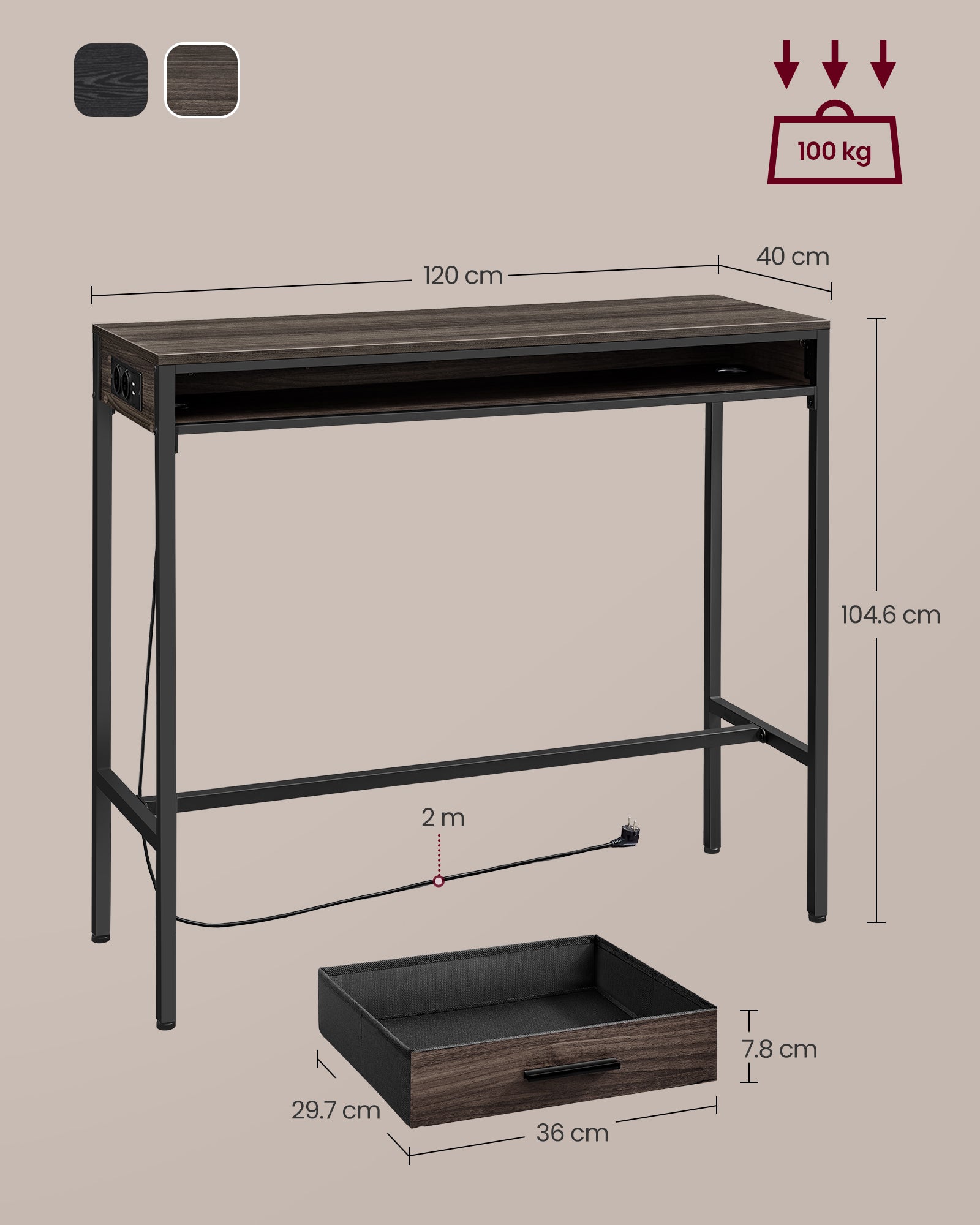 Bartafel Met Lade 40 X 120 X 104,6 Cm Asbruin