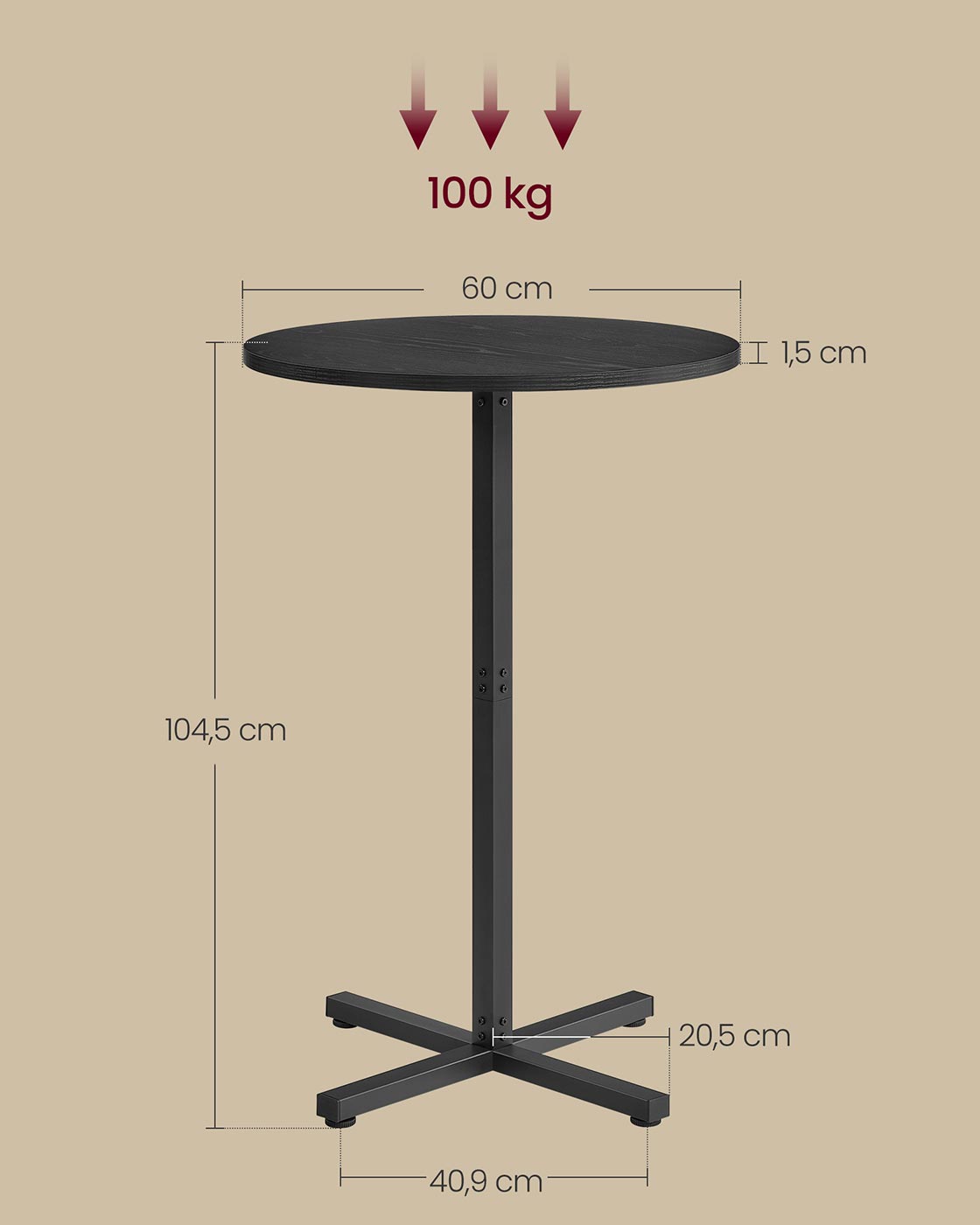 Bartafel – Rond – 60 x 60 x 104,5 cm – Ebbenhoutzwart