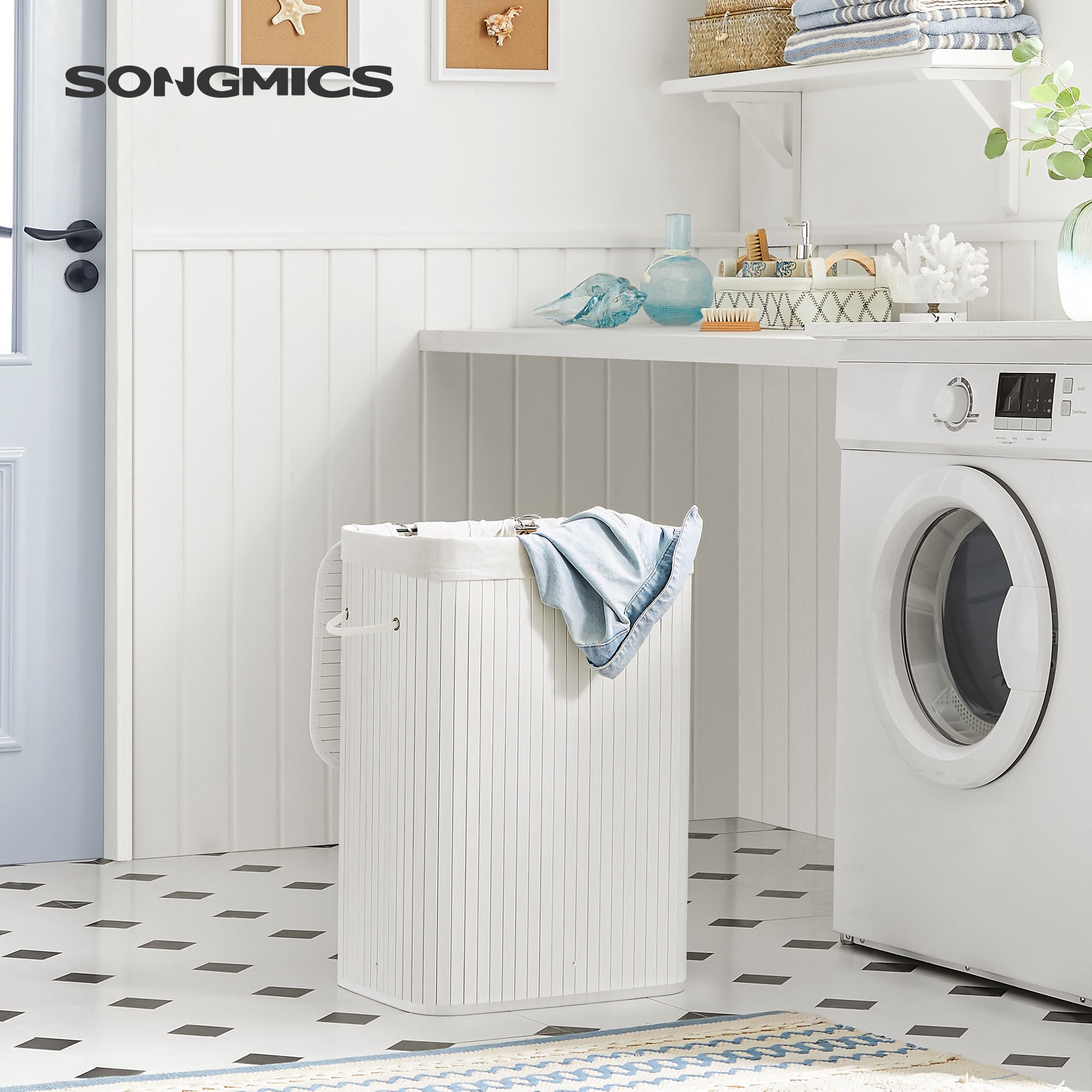 Wasmand – bamboe met katoenen zak – wit