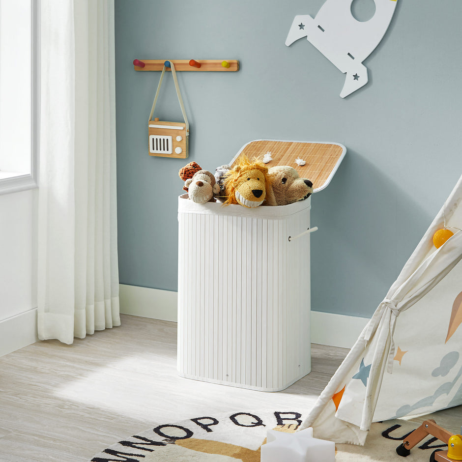 Wasmand – bamboe met katoenen zak – wit