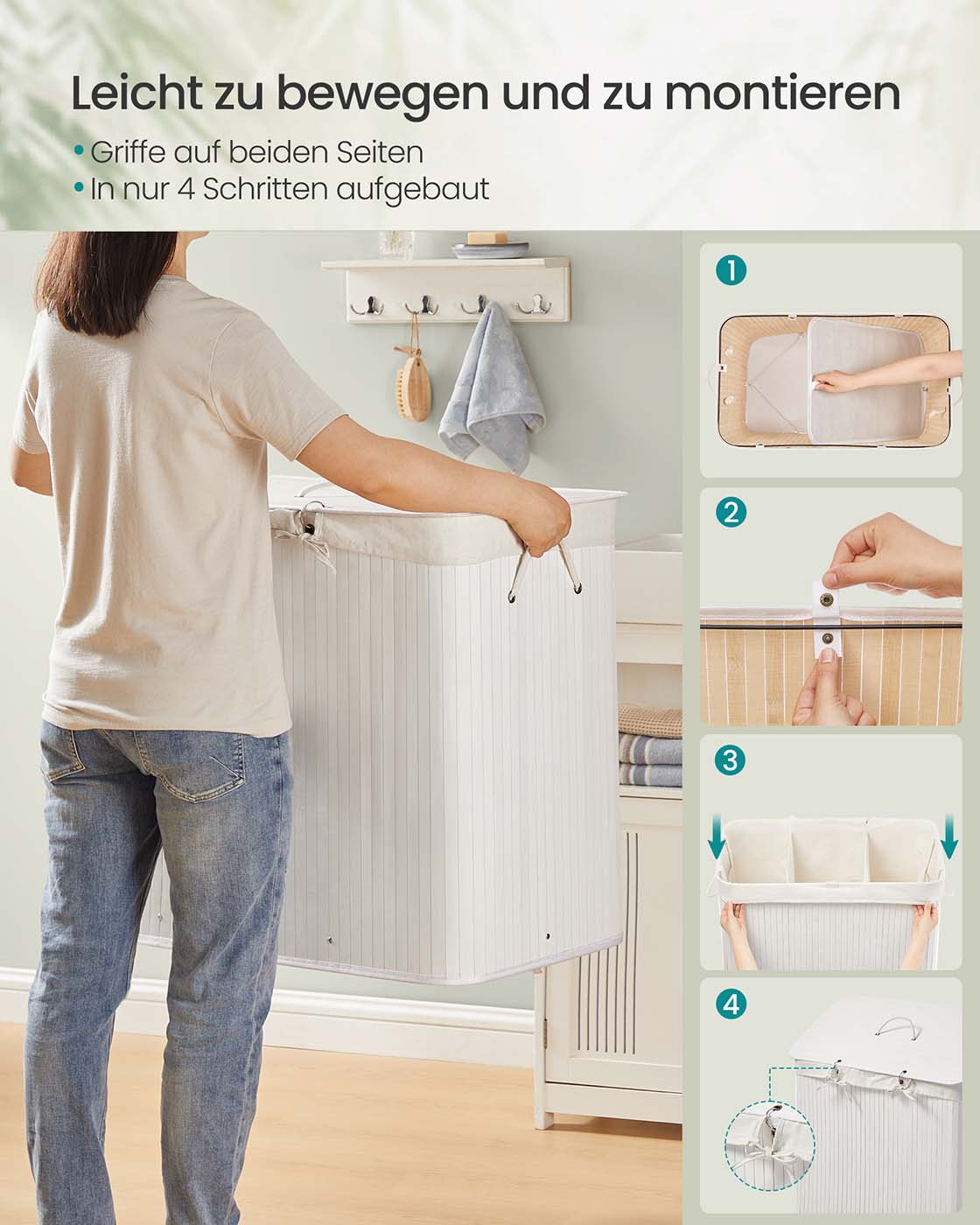 Wasmand met 3 compartimenten en uitneembare zak - Wit