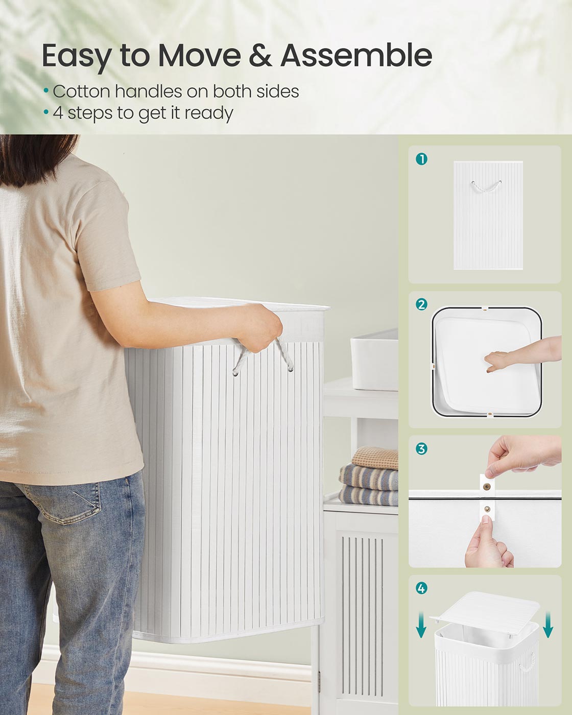 Bamboe wasmand met deksel en handgrepen - Wit