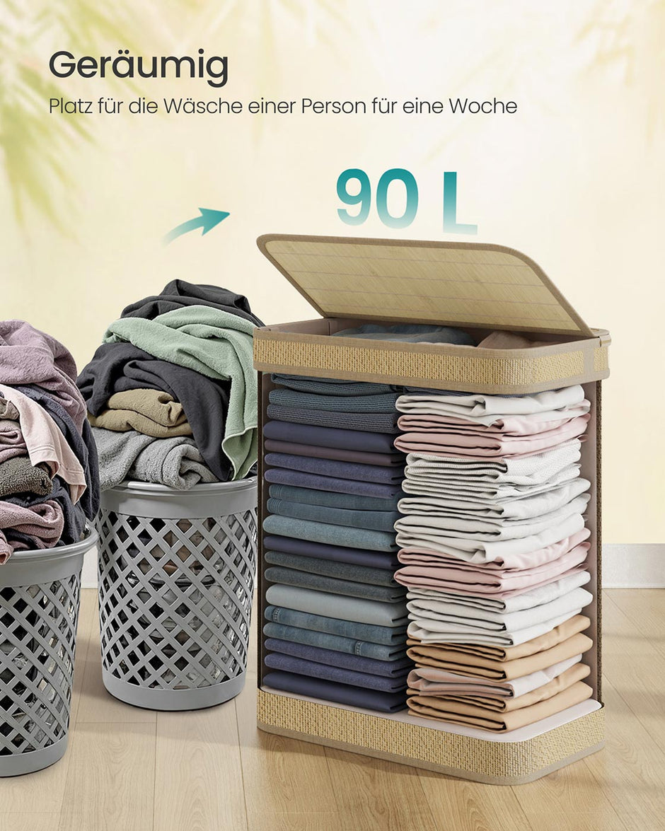 Wasmand – 90 Liter – Bamboe – Met deksel – Machinewasbare waszak