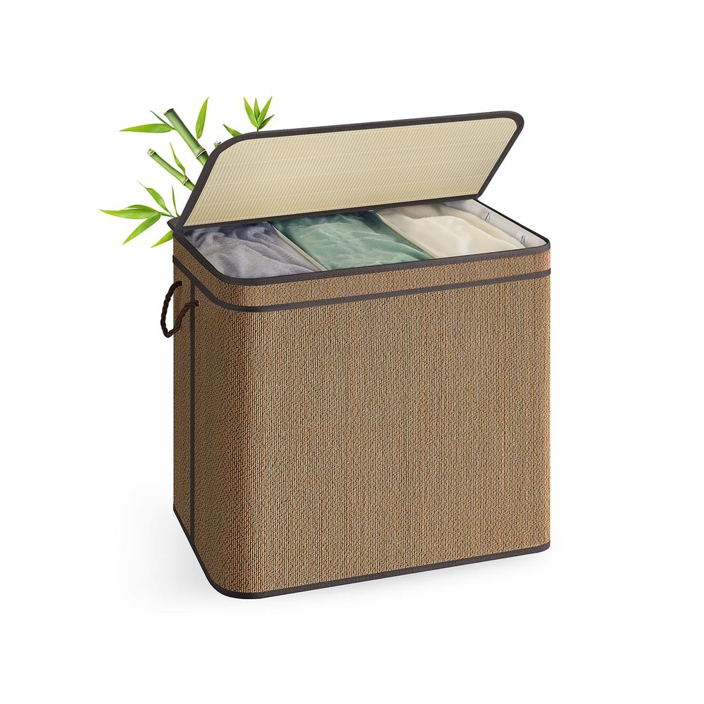 Wasmand – 170 Liter – 3 Compartimenten – Met deksel – Naturel