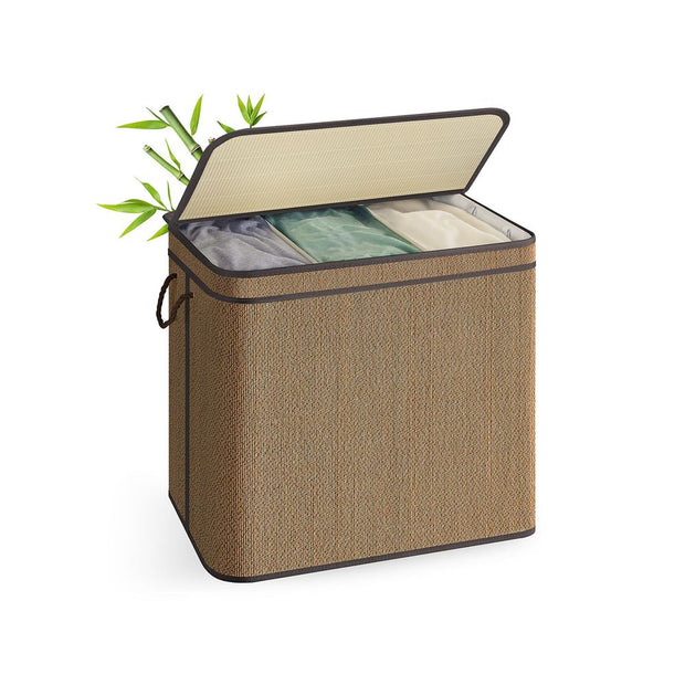 Wasmand – 170 Liter – 3 Compartimenten – Met deksel – Naturel