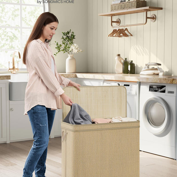 Wasmand – 170 Liter – 3 Compartimenten – Met deksel – Naturel