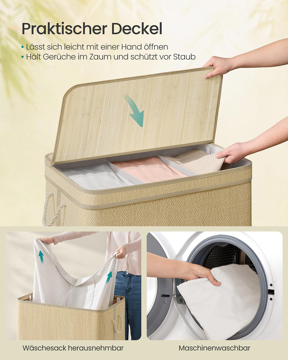 Wasmand – 170 Liter – 3 Compartimenten – Met deksel – Naturel