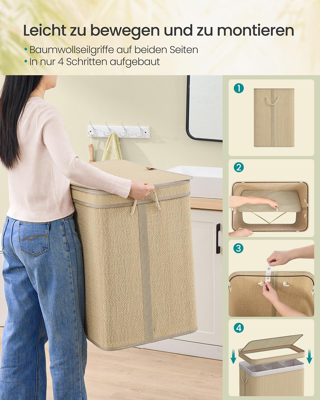 Wasmand – 170 Liter – 3 Compartimenten – Met deksel – Naturel