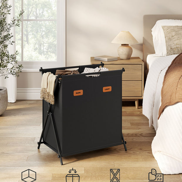 Wasmand 115 liter – 2 vakken – Inktzwart – Met labels – Opvouwbaar ontwerp