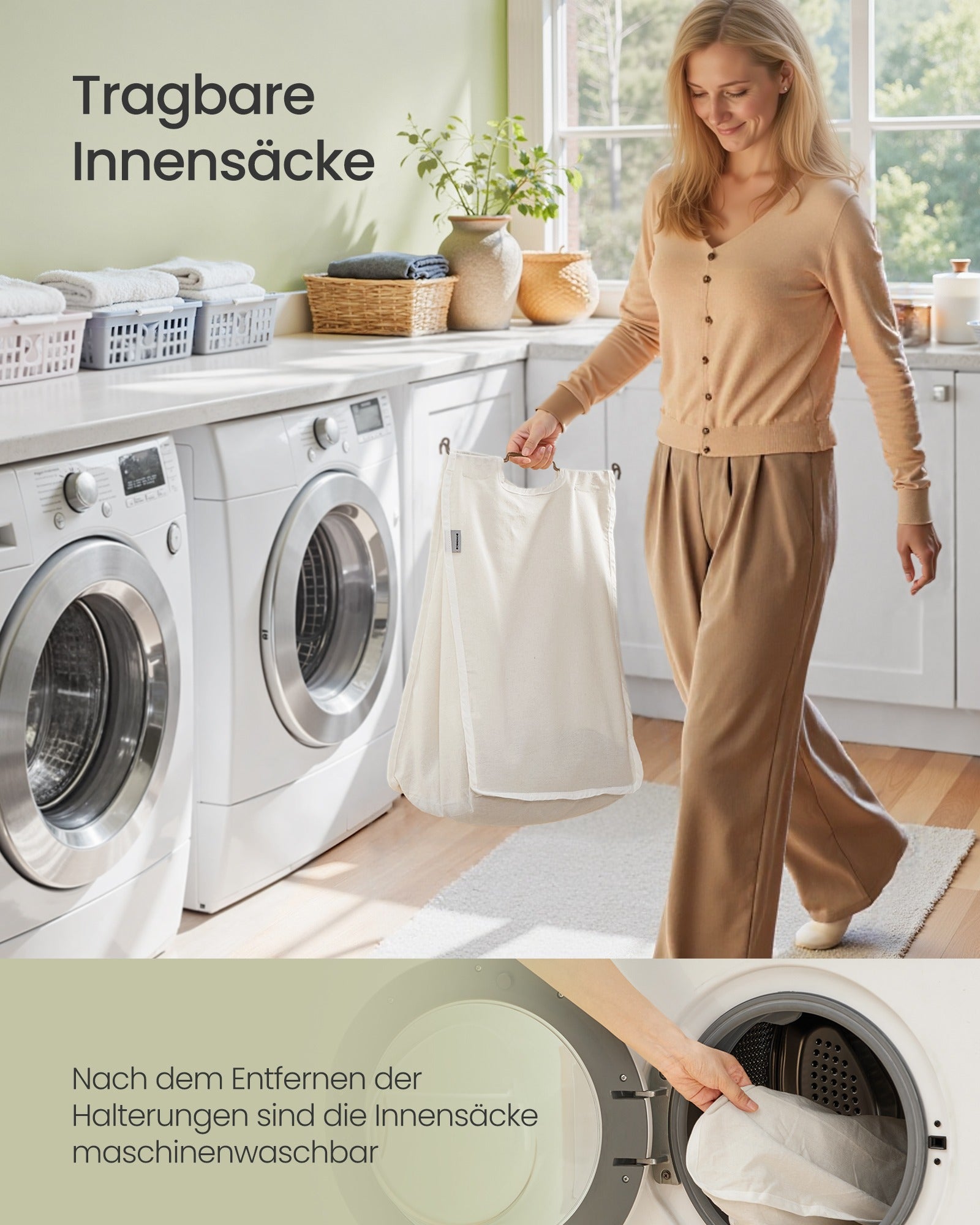 Wasmand - 56 x 40 x 70 cm - 130 liter - 2 compartimenten - natuurlijk gekleurd waterhyacint - uitneembare binnentas - machinewasbaar - handvatten van natuurlijk materiaal - maximaal 15 kg