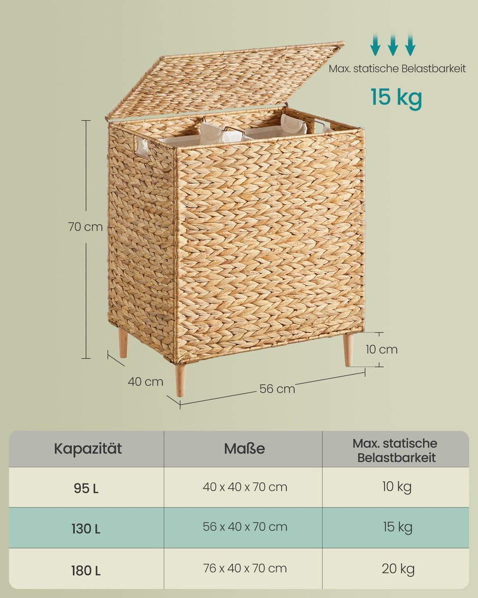 Wasmand - 56 x 40 x 70 cm - 130 liter - 2 compartimenten - natuurlijk gekleurd waterhyacint - uitneembare binnentas - machinewasbaar - handvatten van natuurlijk materiaal - maximaal 15 kg