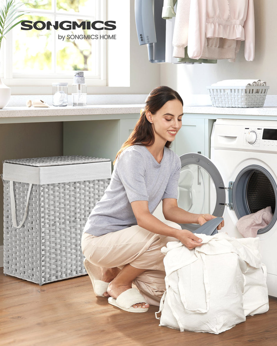 Wasmand met Deksel - 2 Vakken - 90 Liter - Handgeweven - Wit