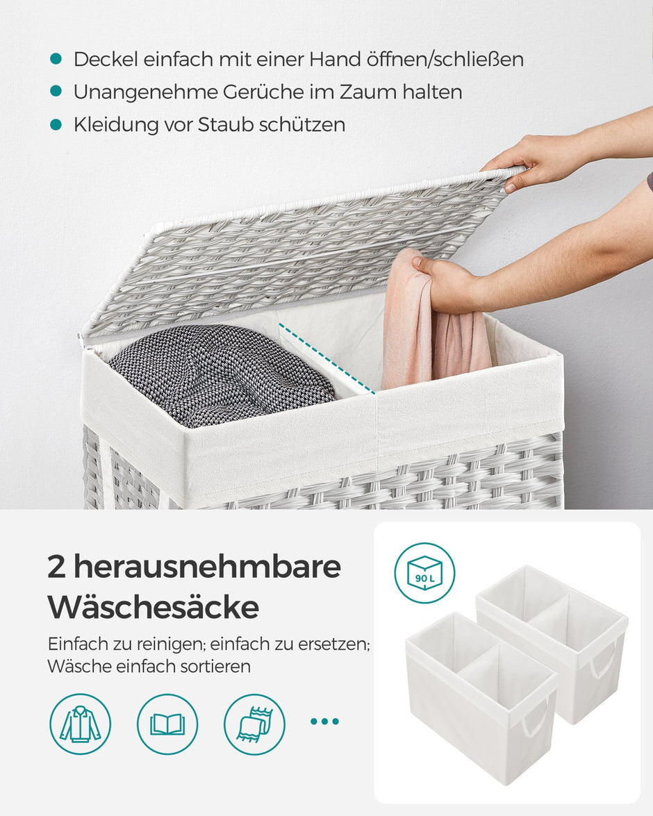 Wasmand met Deksel - 2 Vakken - 90 Liter - Handgeweven - Wit