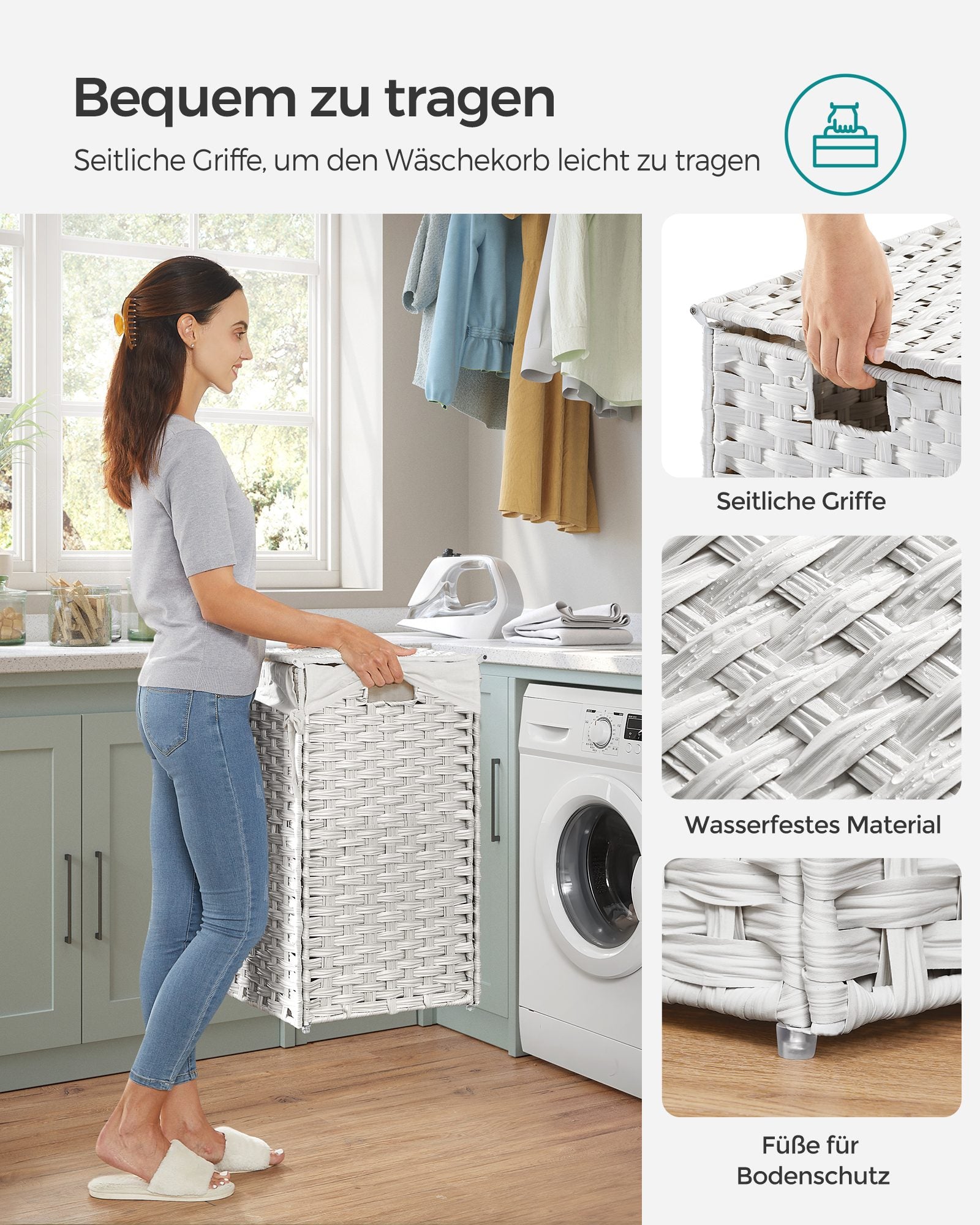 Wasmand met Deksel - 2 Vakken - 90 Liter - Handgeweven - Wit