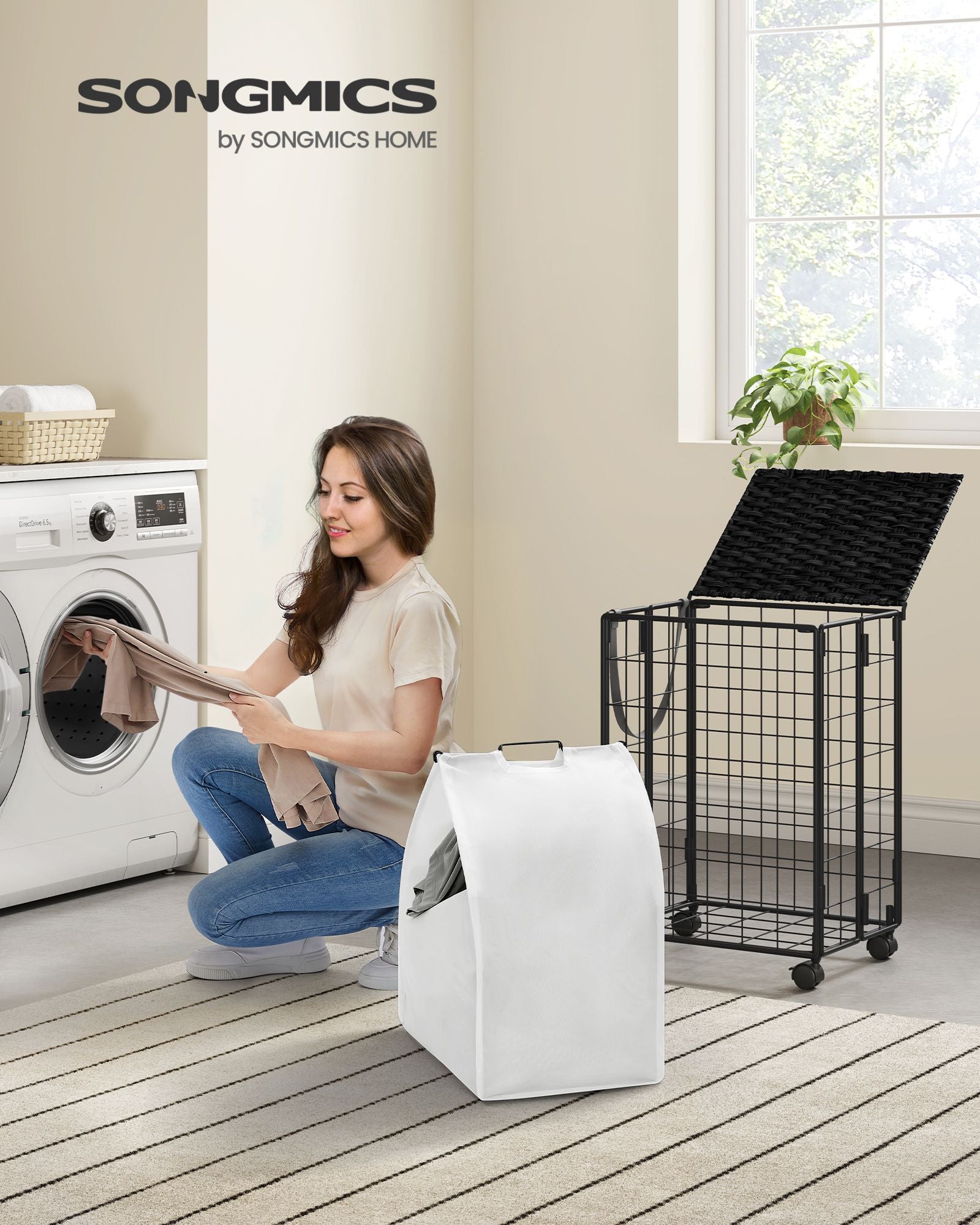 Wasmand met 90L – Uitneembare binnenzak – Met deksel – Met wielen